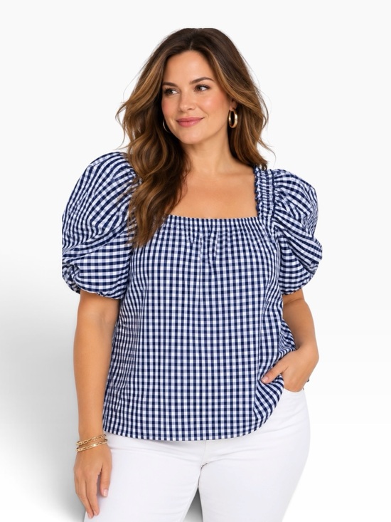 CeCe Tops - CeCe 1X Gingham Puff Sleeve 100% Cotton Blouse Navy White Cottagecore Coastal